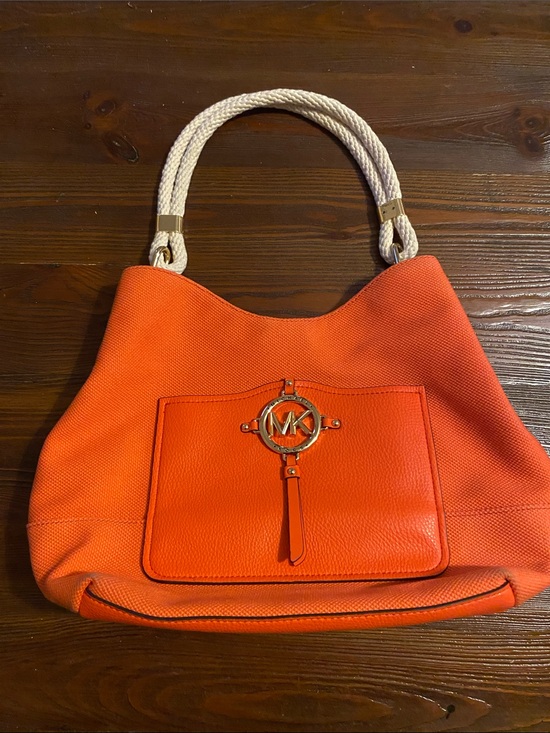 Michael Kors Handbags - Michael Kors Coral Orange Rope Handle Tote Shoulder Bag Gold MK Medallion